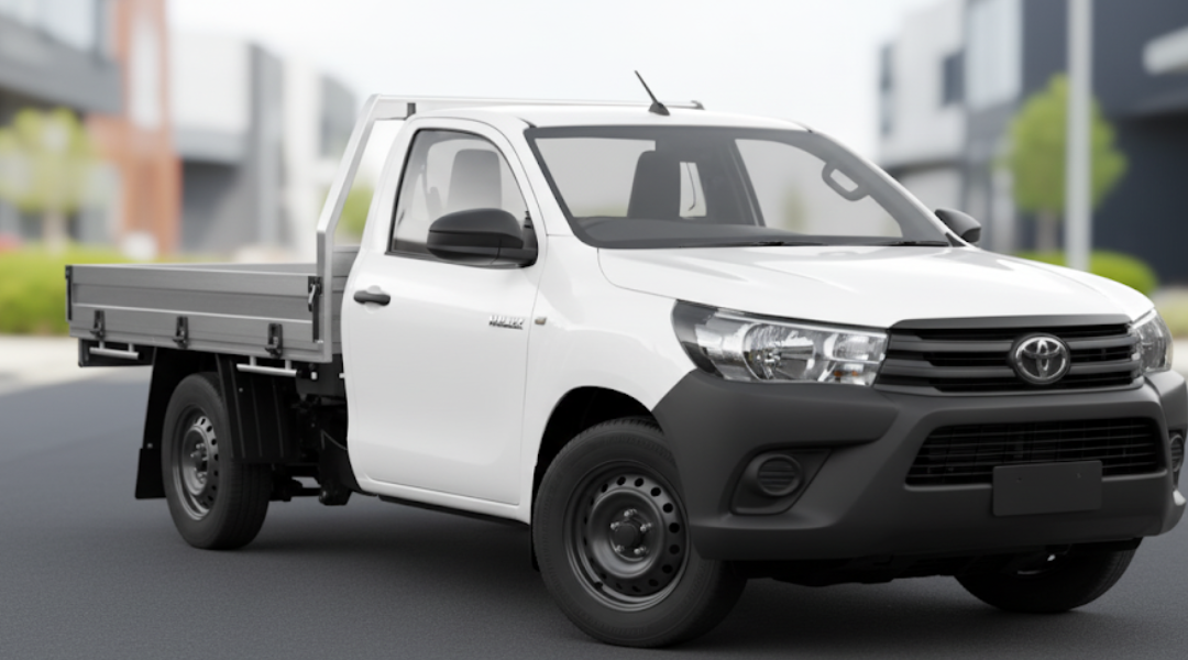 White Toyota Hilux single cab ute with a flat tray bed parked on a sealed road in an urban environment.